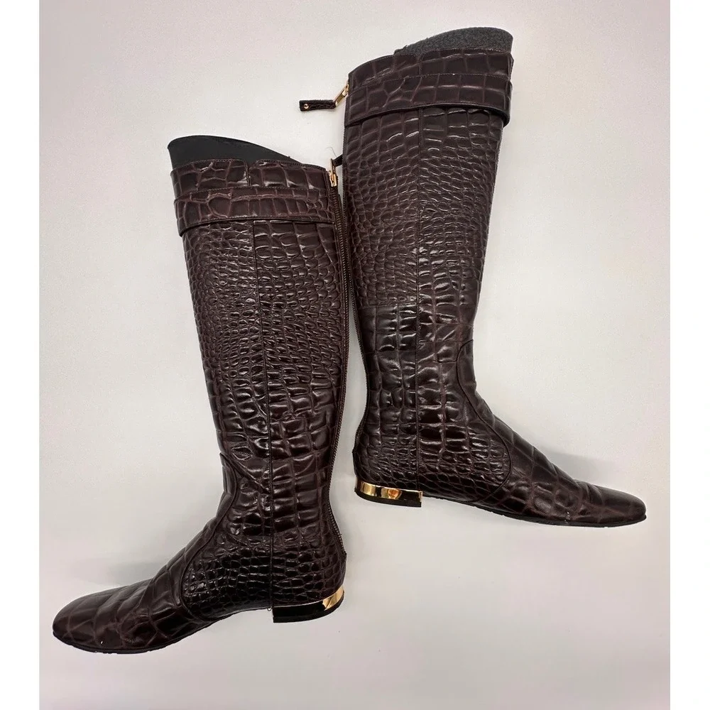 Tory Burch Brown Crocodile embossed leather riding boot Gold Heel & Logo Size‎ 7
